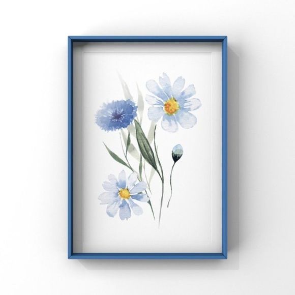 Set of 3 Blue Tan Wildflowers Minimalist Watercolor Digital Art Prints - Picture 7 of 7